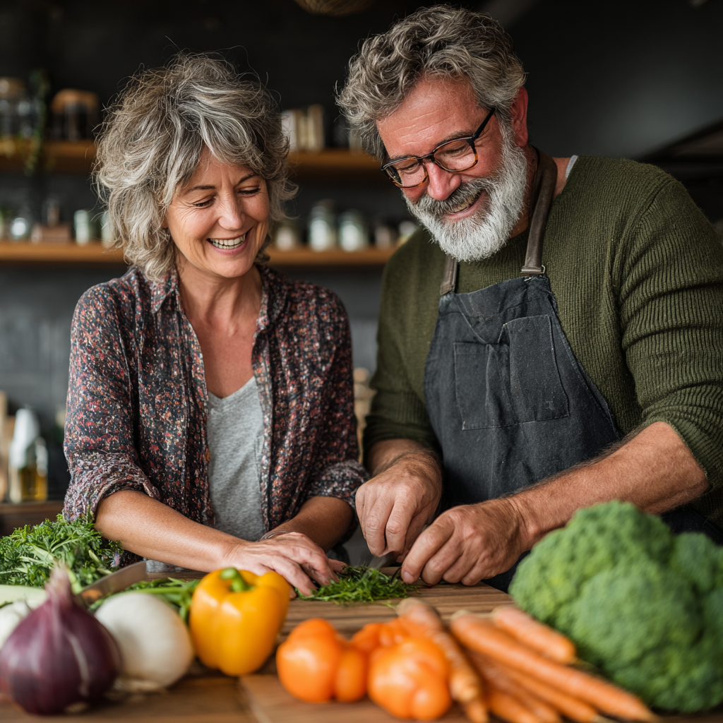 Happy mature couple in their 50s preparing fresh vegetables together in a modern kitchen, displaying healthy lifestyle and nutrition planning