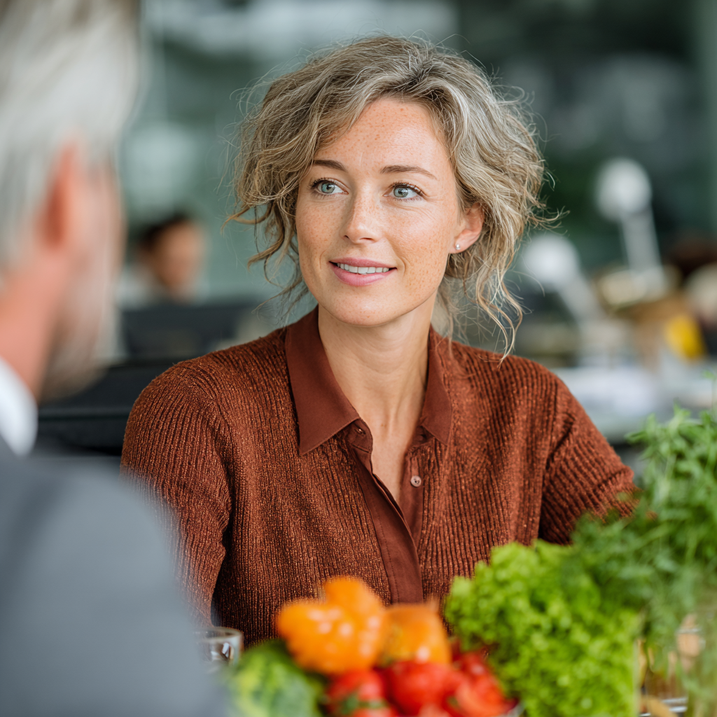 Professional nutritionist woman in her early 40s consulting with a middle-aged client, discussing healthy meal planning in a bright modern office setting